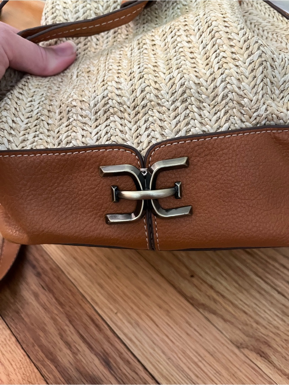 Sam Edelman Tan Leather-Trim Woven Drawstring Bucket Bag - Picture 3 of 6